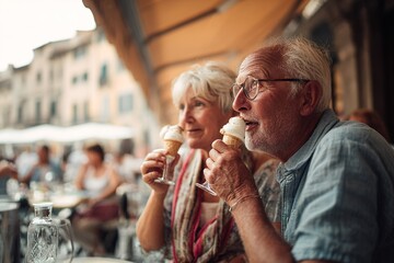 Couple enjoying ice cream together at an outdoor cafe in a charming historic town during a sunny afternoon