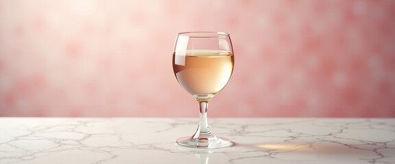 Glass of white wine on marble table with soft pink background  