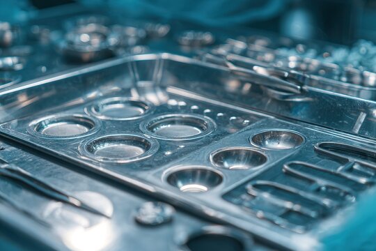 Surgical instruments prepared on a sterile tray for an upcoming medical procedure in a hospital operating room
