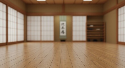 Empty japanese dojo with wooden floor and shoji screens, traditional interior design for commercial usage and mockups
