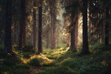 Fototapeta premium Sunlight filters through dense trees in a peaceful forest during the early morning hours