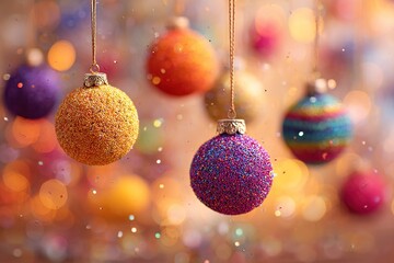 Colorful glittering ornaments hanging for festive celebrations in a cozy atmosphere with warm lights