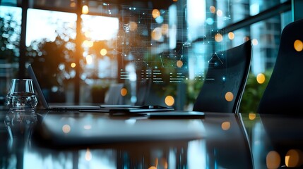 Modern office workspace with laptop and glass of water on desk, illuminated by warm evening light creating bokeh effect through window. Atmospheric business setting.