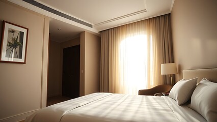 Stylish hotel room with crisp linens and morning sunlight filtering through sheer curtains.