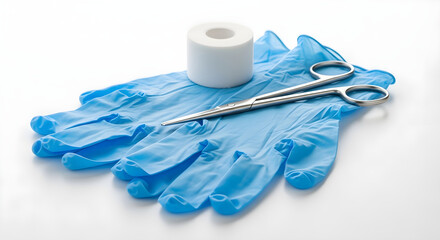 Medical gloves and surgical scissors placed on a white surface with a roll of tape