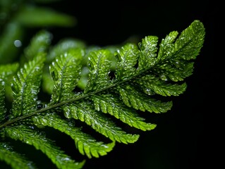 A detailed ro photograph captures a lush green fern frond covered in glistening water droplets