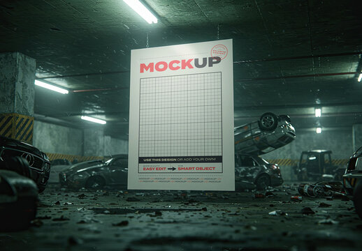 Hang Vertical Sign Mockup on Destroyed Cars Garage