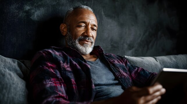A senior man with graying hair and beard smiles while using a tablet computer on a comfortable sofa