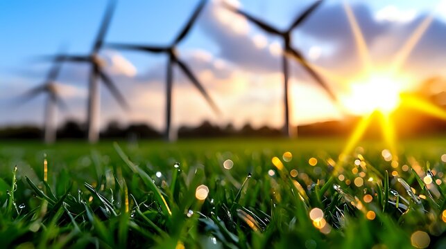 Wind turbines on green grass field at sunset with sun rays and bokeh light effects, renewable clean energy concept for environmental sustainability.