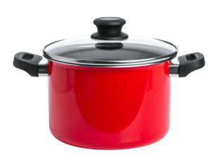Shiny red cooking pot with a clear lid and black handles. Isolated on black