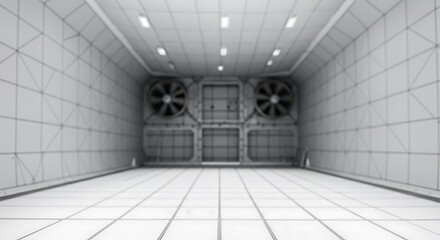 Futuristic industrial interior with large ventilation fans and tiled floor for commercial usage and mockups