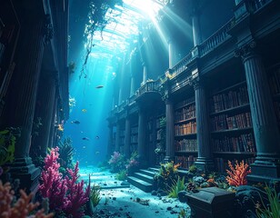 Sunlit flooded library, coral, & sea life inhabit the space. Ancient books line the shelves. A dreamy, surreal vision
