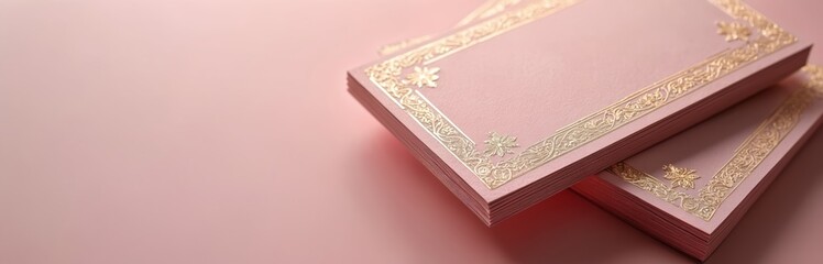 Fototapeta premium Elegant pink stationery with ornate gold foil stamped borders stacked. Luxury business items event invitations rest on blush surface, creating sophisticated display. Stylish paper offers high end