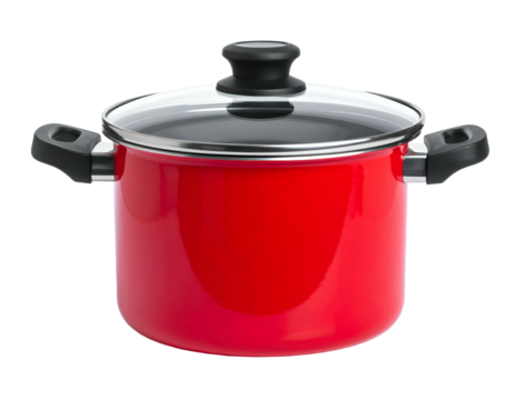 Shiny red cooking pot with a clear lid and black handles. Isolated on black