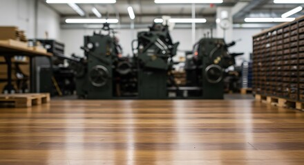 Industrial printing machines in a factory with wooden floor and stacked boxes for commercial usage and mockups