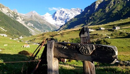 Sunny mountain vista with a carved wooden gate in the foreground, set against grassy slopes and snow-capped peaks