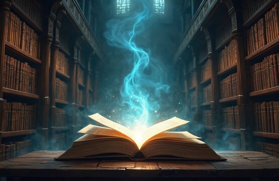 Open book emits magical light in library. Bookshelves filled with knowledge. Concept for learning wisdom, inspiration, education. Magic illustration for website banner, articles. Represents source of