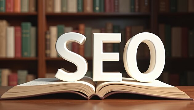 Letters SEO stand on book. Book opened on table in library, knowledge base, data science. Concept of search engine optimization, digital marketing, web content and internet visibility increasing.