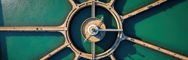 Naklejka premium Aerial top view of large water treatment plant with many circular basins, concrete structures. Turquoise water fills reservoirs, undergoing purification processes. Industrial facility processes