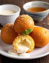 Golden, fried dough balls, creamy filling, mint garnish, served with sauce