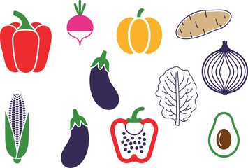 Colorful fresh vegetables illustrations for healthy eating and cooking design projects