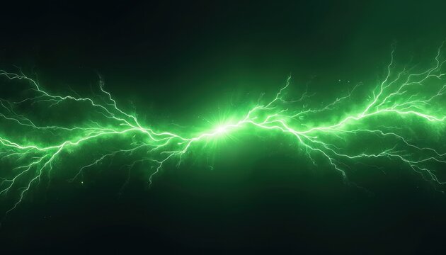 Abstract green lightning bolt sparks on dark background. High voltage energy discharge creates dynamic plasma effect. Power electric current shows tech surge, digital force, innovation, speed. Green