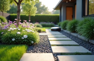 Fototapeta premium Modern house garden design with flowers lawn. Concrete pathway leads to house. Landscaping with ornamental grass, gravel. Contemporary architecture mixes with natural green elements. Robotic