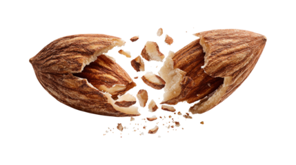 An almond nut is split in half, and pieces of the almond nut fly out from the crack of the nut isolated on a white background