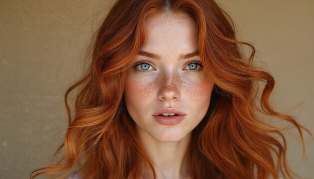 Portrait of beautiful red-haired woman with wavy hair, freckles on face. Young lady with long ginger hair, blue eyes looks directly into camera. Close-up shot of female model with natural make-up, - Powered by Adobe