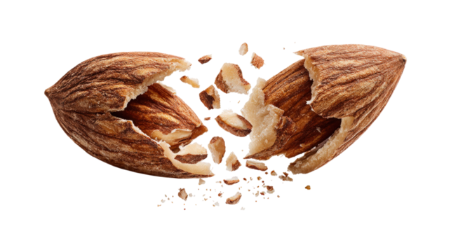 An almond nut is split in half, and pieces of the almond nut fly out from the crack of the nut isolated on a white background