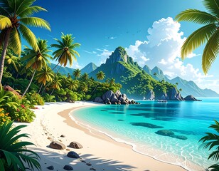 Tropical island paradise with white sand beach, turquoise water, lush greenery, and towering mountain backdrop