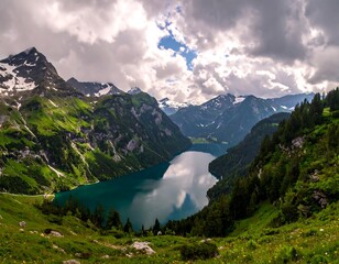 Turquoise lake nestles amid grassy slopes and towering mountains under a dramatic cloudy sky, a scene of serenity