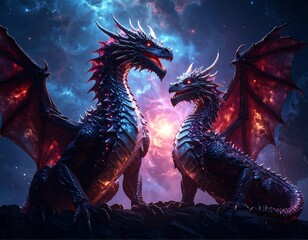 Two majestic, scaled dragons face each other against a vibrant nebula background in a fantasy-themed digital art piece