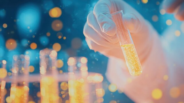 Scientist conducts experiments with glowing liquid in laboratory setting