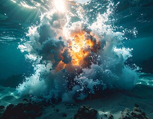 Underwater explosion reveals a powerful surge of energy, sand kicked up, in vibrant blue