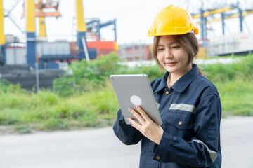 Half-length photo of a female engineer, wearing a hard hat and holding a laptop, looking at a project at a logistics port, with a kennel and containers as a large industrial estate.