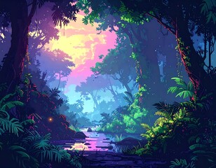 Vivid, fantastical forest scene with a winding stream and ethereal, colorful lighting. Dreamlike and lush foliage