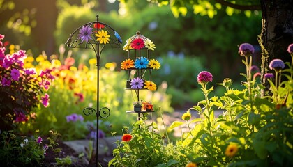 Vividly colored flowers adorn a decorative metal bird feeder under warm sunlight in a lush green garden setting