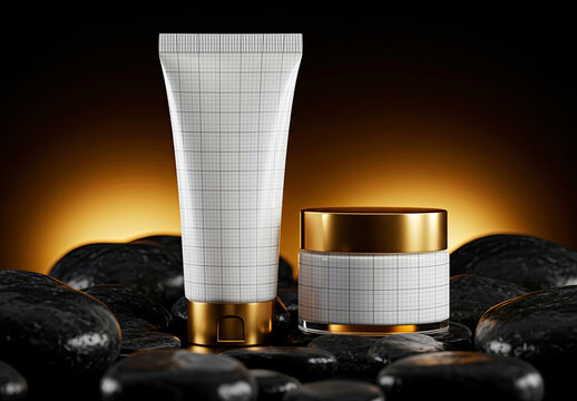 Tube and Jar Mockups Golden Details with Rocks
