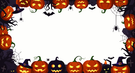 Halloween background featuring carved pumpkins, spooky trees, spider webs, spiders, and bats forming a decorative frame. Design for party invitations and posters.