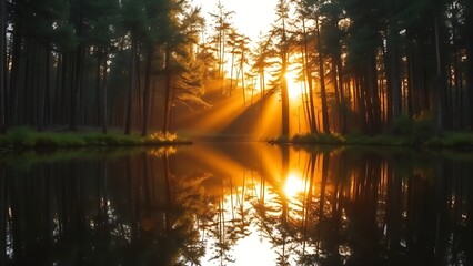 Obraz premium Peaceful forest landscape reflected in still water, capturing golden sunlight through trees.