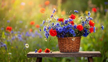 Wicker basket filled with red poppies, blue cornflowers, and daisies on a wooden bench in a grassy meadow