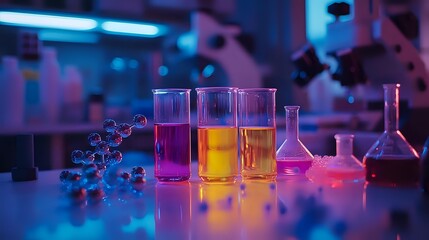 Laboratory glassware with colorful liquid chemicals glowing in vibrant neon purple and blue light, molecular model structure on dark background in research lab.