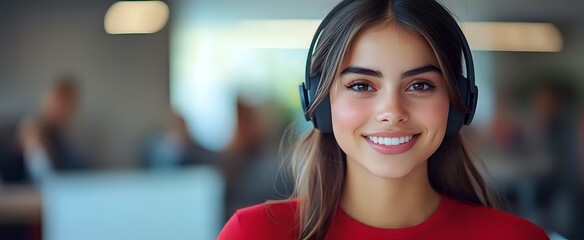 Young woman in red sweater wearing headphones smiling at camera in office environment with soft bokeh background, expressing joy and confidence at workplace.