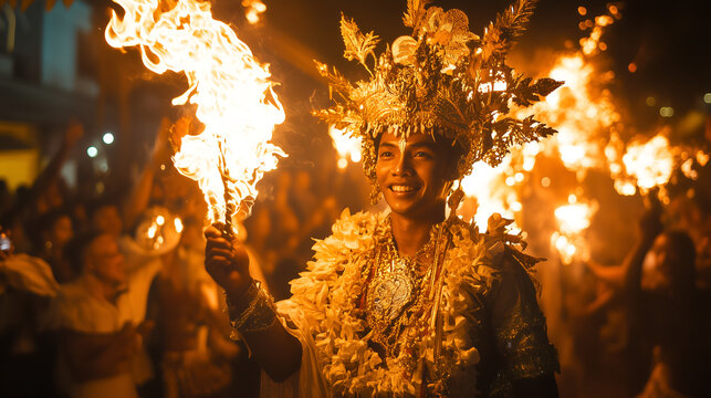 Smiling Dancer In Traditional Golden Costume Holding Torch During Sinulog Festival Celebration In Cebu Philippines