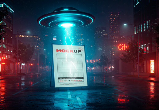 UFO Abducting Poster Sign on Street Mockup