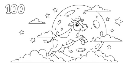 Cartoon cow jumping over the moon with clouds and stars in a coloring page style
