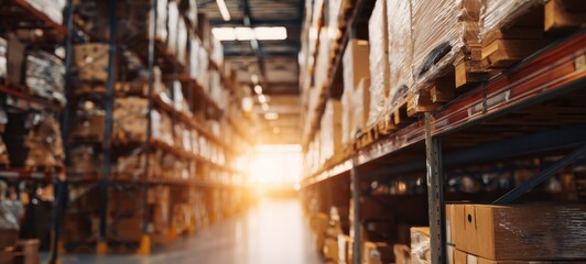 The warehouse aisle with stacked pallets of boxes glowing in warm sunlight