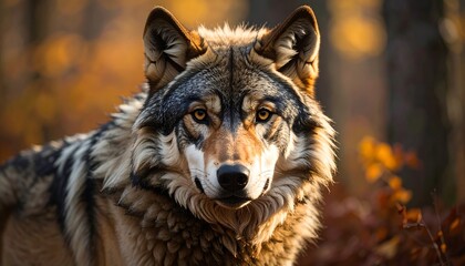A close-up portrait of a gray wolf, its intense yellow eyes gazing forward. The autumn forest provides a warm, blurred backdrop
