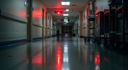 A dimly lit hospital corridor with shiny floor and red emergency lights reflecting off the walls